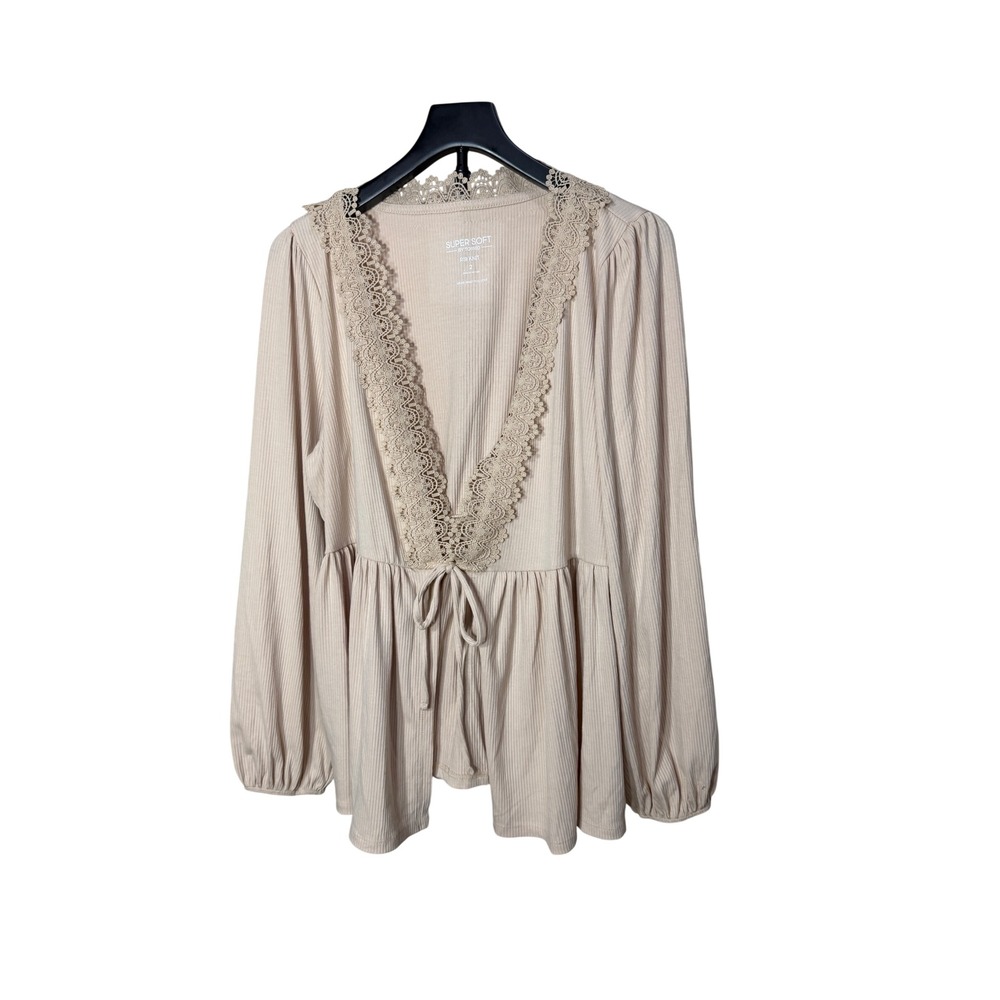 Torrid Super Soft Rib Knit Lace Trim Tie Front Peplum Top Cream 2X NEW